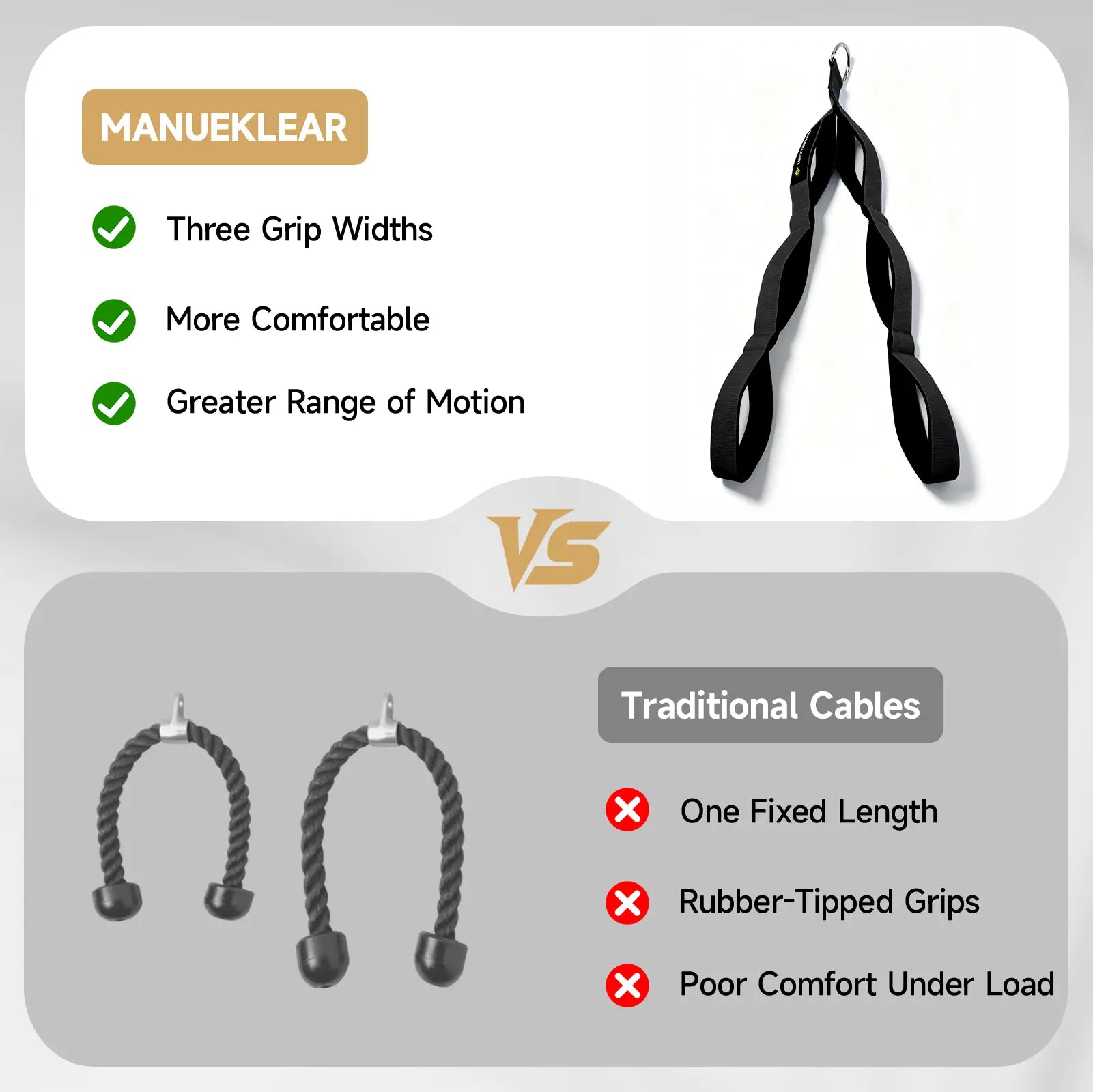 MANUEKLEAR Tricep Rope Cable Attachment Handles, Greater Range of Motion, Tricep Pull down Rope for Push Downs, Crunches, Facepulls for Professional Gym