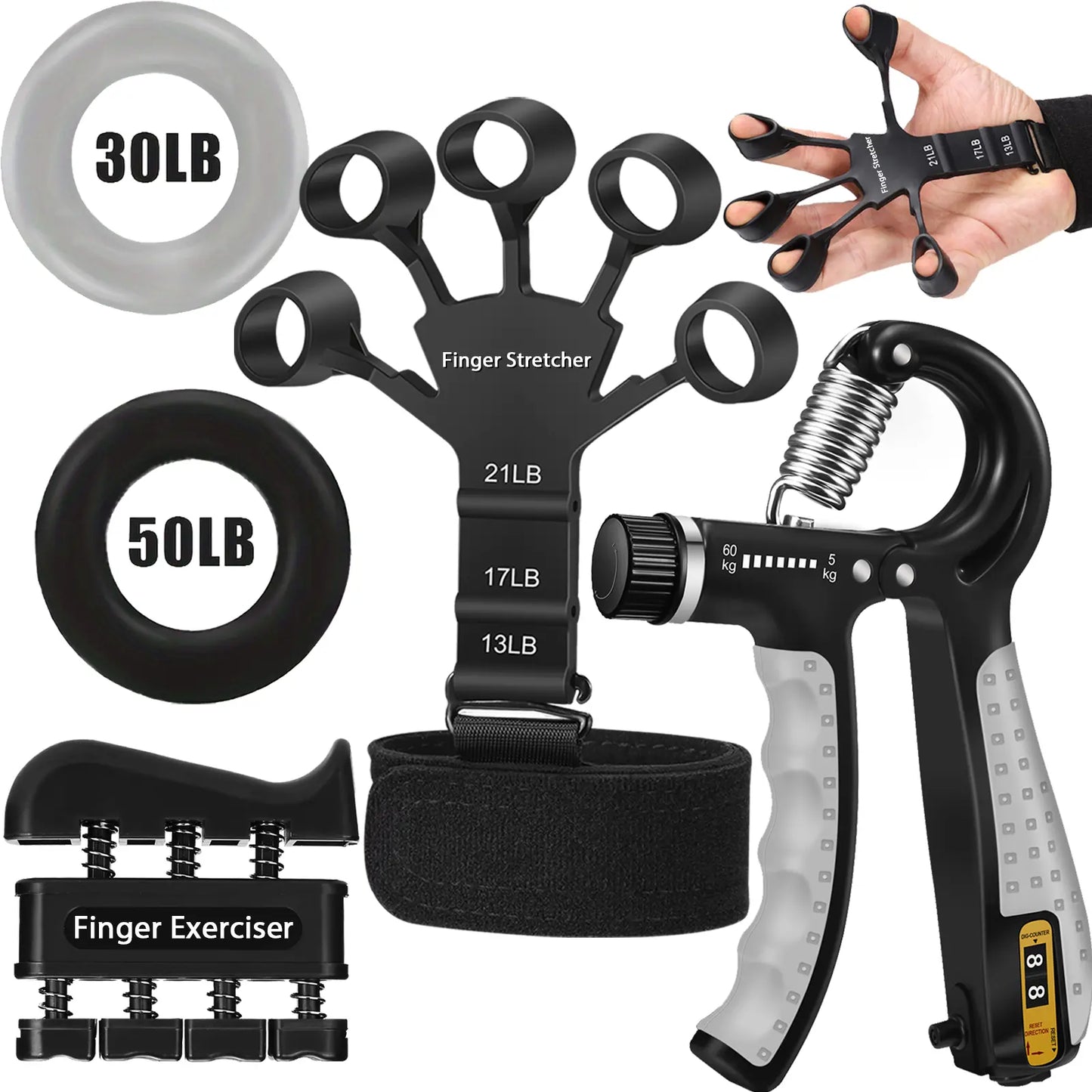 Hand Grip Strengthener 5Pcs, Grip Strength Trainer, Adjustable Forearm Gripper(11-132Lb), Finger Stretcher(13,17,21Lb), Hand Strength Ring(30, 50Lb) and Finger Exerciser(4Lb)