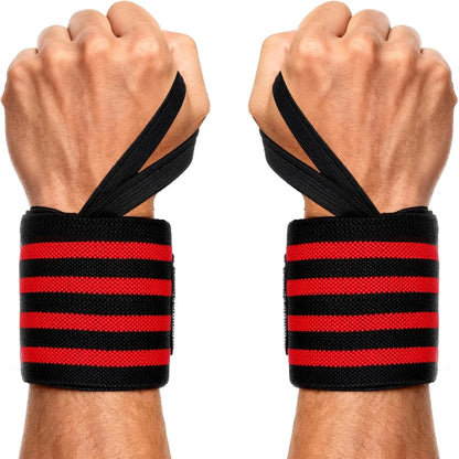 Wrist Wraps for Weightlifting Gym Bodybuilding Workout, 13" Red and Black with 4 Stripes, Adjustable Long Velcro, Wrist Band for Men and Women