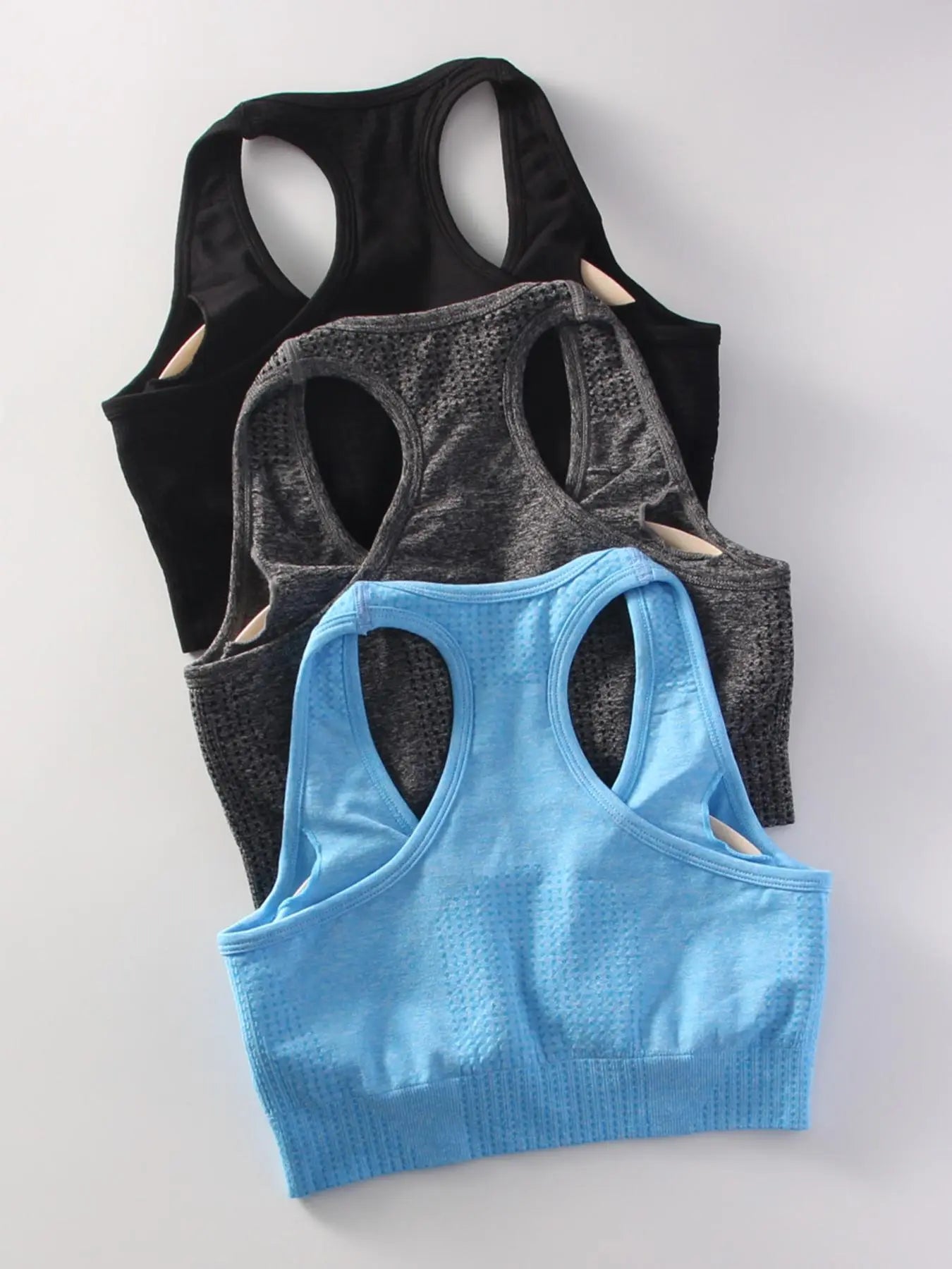 Women'S 3Pcs Solid Wireless Racerback Athletic Sports Bra, Breathable Comfortable Sports Lingerie Top for Yoga Gym Workout, Women'S Sports Clothing for All Seasons, Blue, Solid Brami Tank