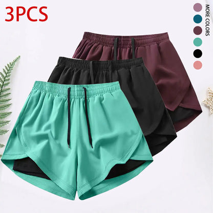 3-Piece Women’S Casual Athletic Shorts Set Featuring Built-In Lining, Drawstring, and Elastic Waistband — Suitable for Running, Fitness, and Outdoor Activities; Running Gear | Casual Sportswear, Women’S Shorts, Summer Bottoms