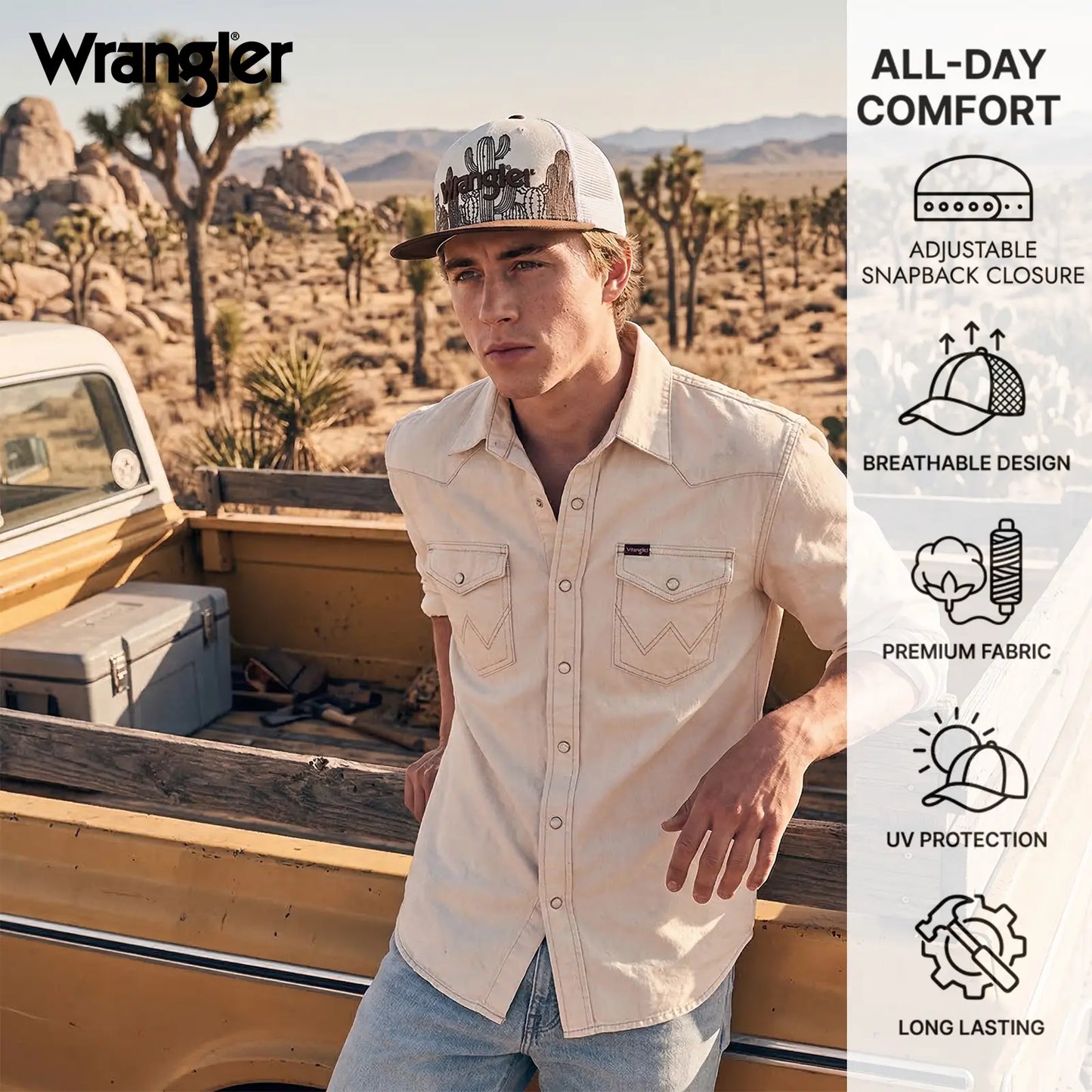 Wrangler Trucker Hat Flat Brim Hats 2-Pack – Embroidered Canvas Snapback Caps for Men & Women, Adjustable, One Size Fits All