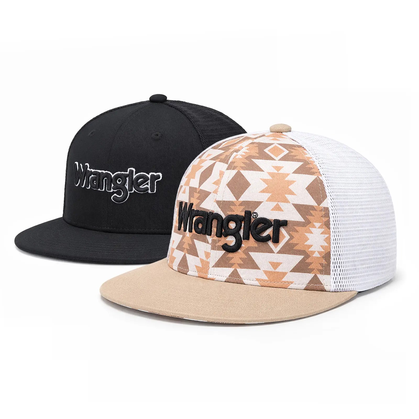 Wrangler Trucker Hat Flat Brim Hats 2-Pack – Embroidered Canvas Snapback Caps for Men & Women, Adjustable, One Size Fits All