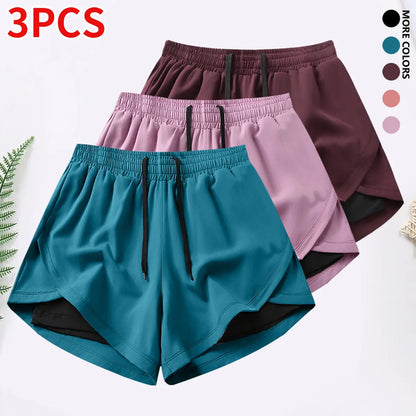 3-Piece Women’S Casual Athletic Shorts Set Featuring Built-In Lining, Drawstring, and Elastic Waistband — Suitable for Running, Fitness, and Outdoor Activities; Running Gear | Casual Sportswear, Women’S Shorts, Summer Bottoms