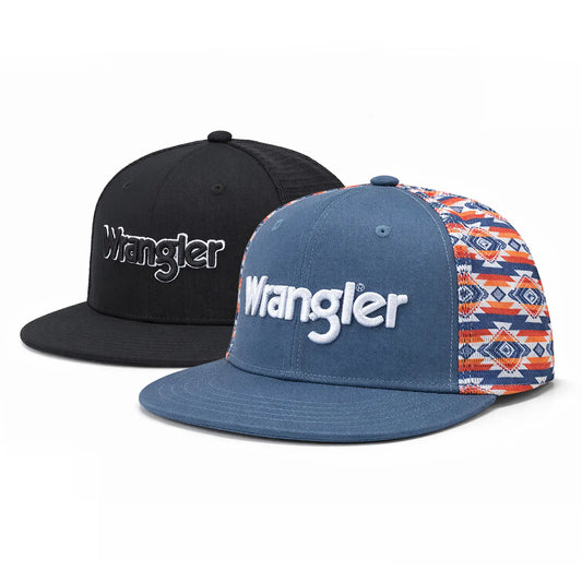 Wrangler Trucker Hat Flat Brim Hats 2-Pack – Embroidered Canvas Snapback Caps for Men & Women, Adjustable, One Size Fits All