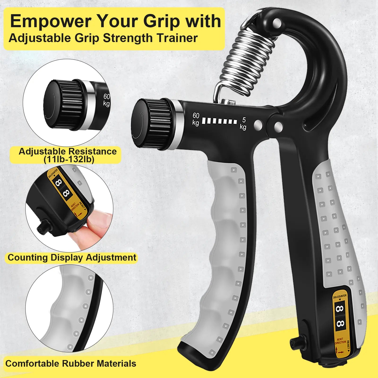 Hand Grip Strengthener 5Pcs, Grip Strength Trainer, Adjustable Forearm Gripper(11-132Lb), Finger Stretcher(13,17,21Lb), Hand Strength Ring(30, 50Lb) and Finger Exerciser(4Lb)